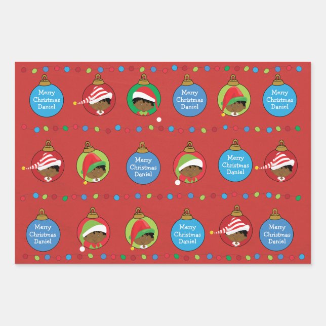 Personalize African American Boy Elf Wrapping Paper Sheet (Front 3)