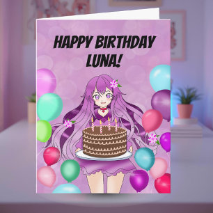 Personalize Anime Teenager Girl With Cake Card