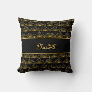 Personalize Art Deco Black & Gold Fan Pattern Name Cushion