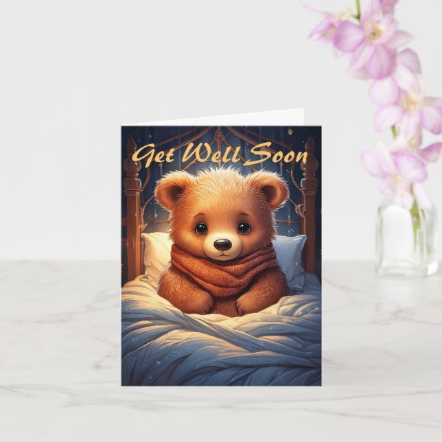 Personalize Baby Bear Sick in Bed Get Well Soon Card (Orchid)