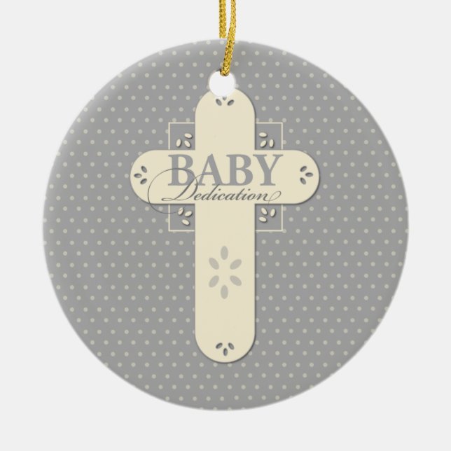 Personalize, Baby Dedication Cream & Gray Cross Ceramic Tree Decoration (Front)