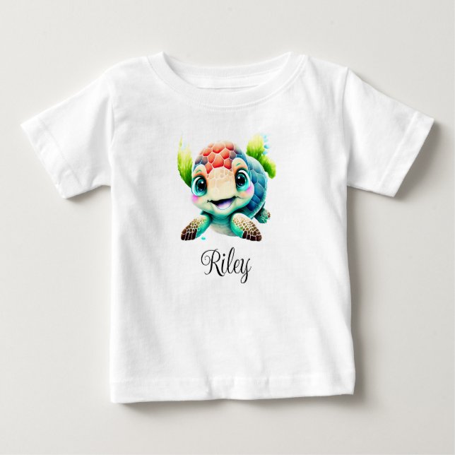 Personalize Baby Kids Child Sea Turtle Watercolor T-Shirt (Front)