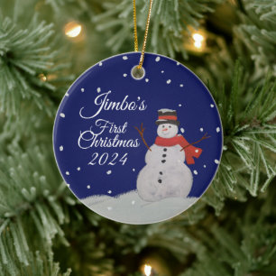 PERSONALIZE Baby's first Christmas. Happy Snowman Ceramic Tree Decoration
