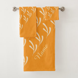 Personalize Beige Leaf Repeat Orange Bath Towel Set