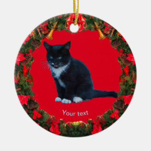 Personalize Black Kitten Tuxedo sitting Meows  Ceramic Tree Decoration