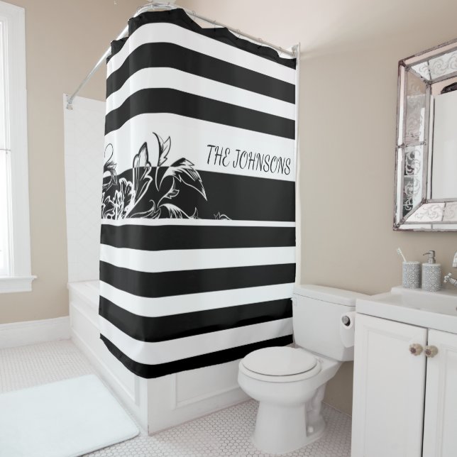 Personalize Black Stripe Monogram Shower Curtain (In Situ)