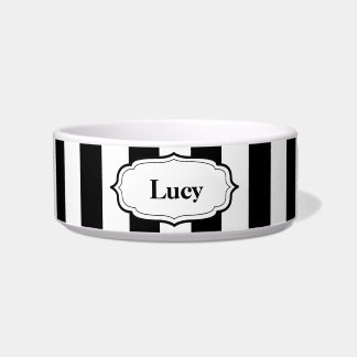 Personalize Black & White Stripe Ceramic Pet Bowl