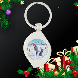 PERSONALIZE Blue and Reds Winter Painting Scene Key Ring