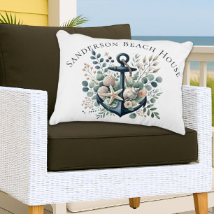 Personalize Boho Blue Coastal Anchor Round   Decorative Cushion