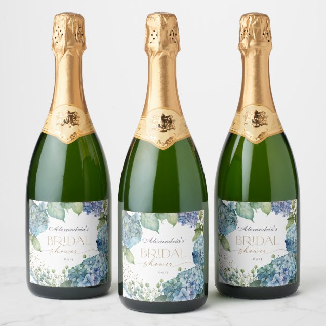 Personalize Bridal Shower Blue Hydrangeas Sparkling Wine Label (Bottles)