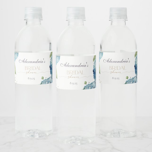 Personalize Bridal Shower Blue Hydrangeas Water Bottle Label (Bottles)