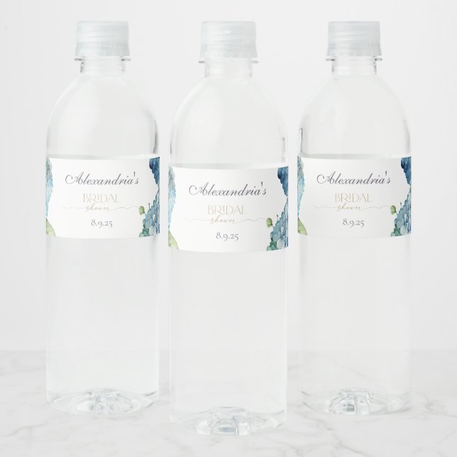 Personalize Bridal Shower Blue Hydrangeas Water Bottle Label (Bottles)