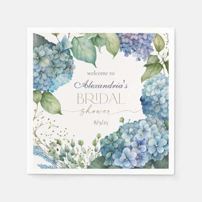 Personalize Bridal Shower Blue Hydrangeas Welcome Napkin (Front)