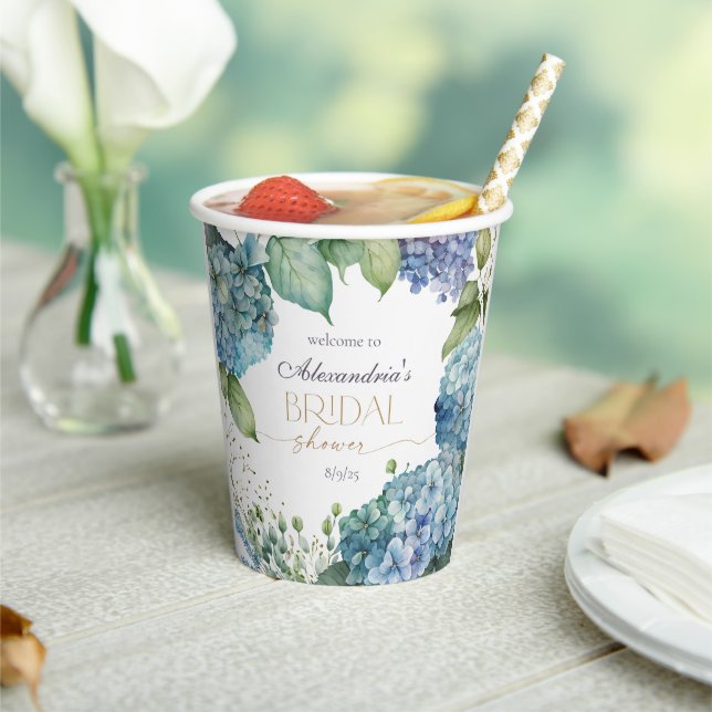Personalize Bridal Shower Blue Hydrangeas Welcome Paper Cups (Insitu)