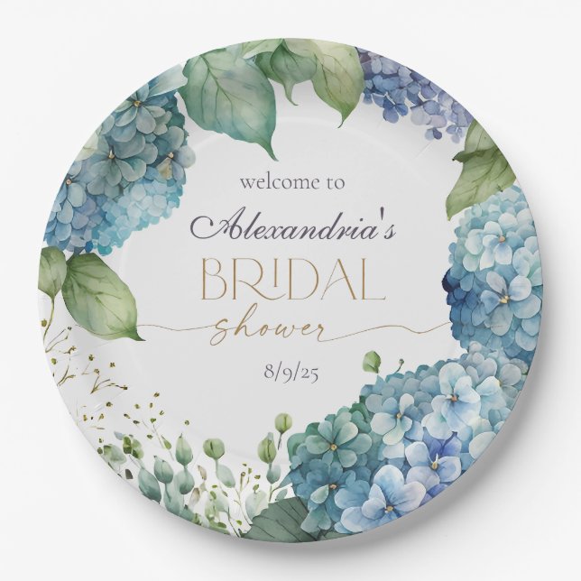 Personalize Bridal Shower Blue Hydrangeas Welcome Paper Plate (Front)