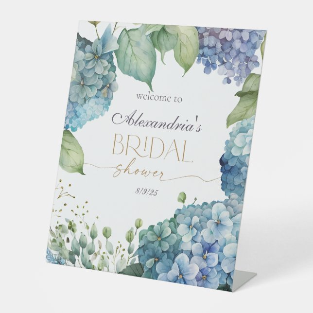 Personalize Bridal Shower Blue Hydrangeas Welcome Pedestal Sign (Front)