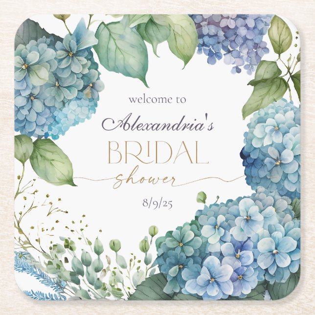 Personalize Bridal Shower Blue Hydrangeas Welcome Square Paper Coaster (Front)