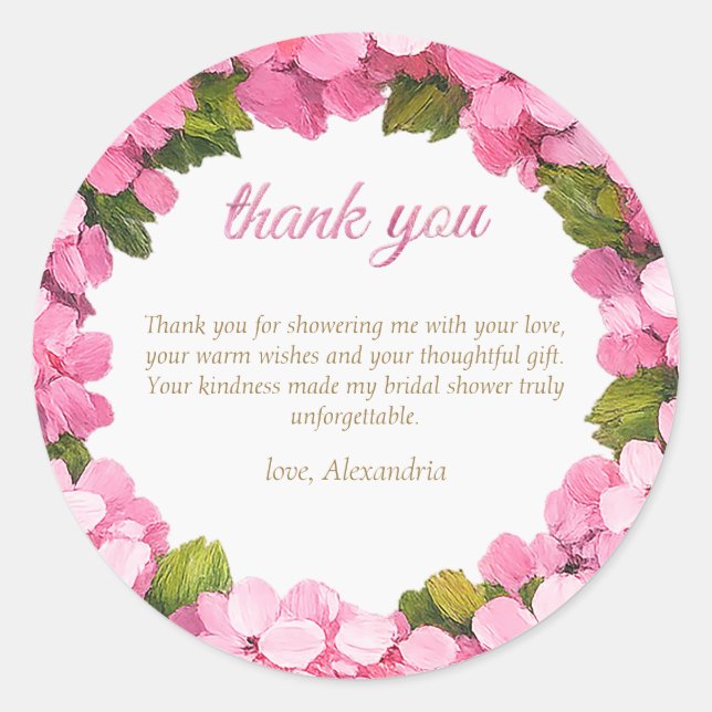 Personalize Bridal Shower Pink Hydrangeas Welcome Classic Round Sticker (Front)