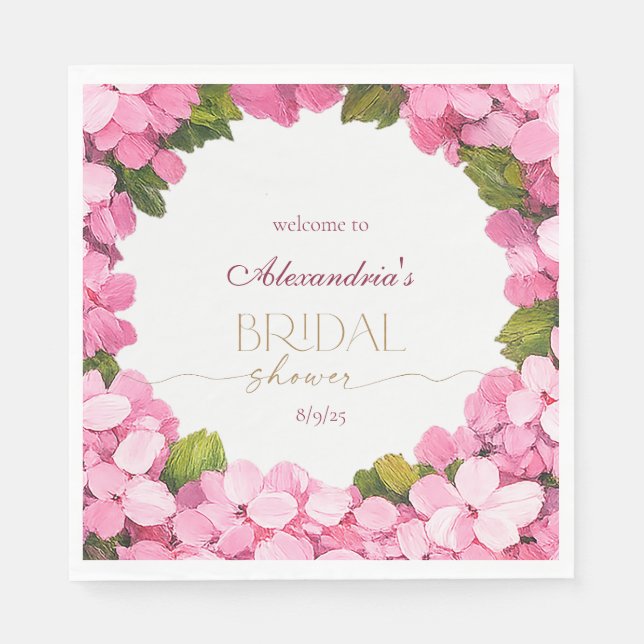 Personalize Bridal Shower Pink Hydrangeas Welcome Napkin (Front)