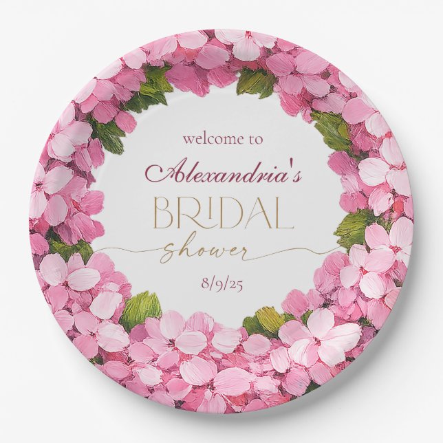 Personalize Bridal Shower Pink Hydrangeas Welcome Paper Plate (Front)