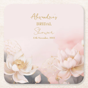 Personalize Bridal Shower Pink Lotus No 7 Square Paper Coaster