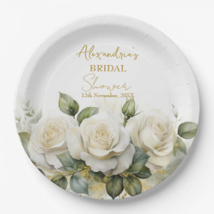 Personalize Bridal Shower White Roses Paper Plate