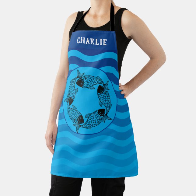 Personalize Bright Blue Waves & Circle of Fish Apron (Insitu)