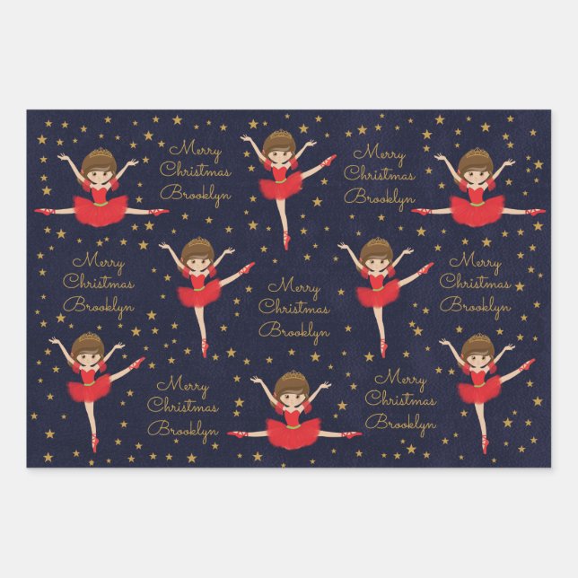 Personalize Brunette Christmas Ballerina Wrapping Paper Sheet (Front)