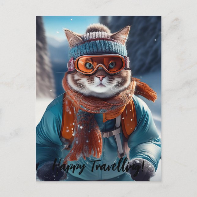 Personalize Cat skiing the snowy slopes Postcard (Front)