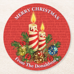 Personalize Christmas Candles Family Name 6 Round Paper Coaster