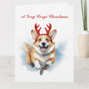 Personalize Christmas Corgi with Reindeer antlers  Card