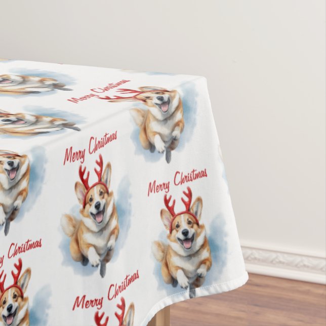 Personalize Christmas Corgi with Reindeer antlers  Tablecloth (In Situ)