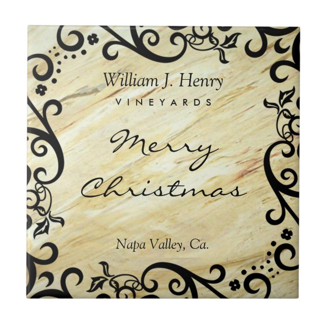 Personalize Christmas Marble Scroll Wine Tile (Front)