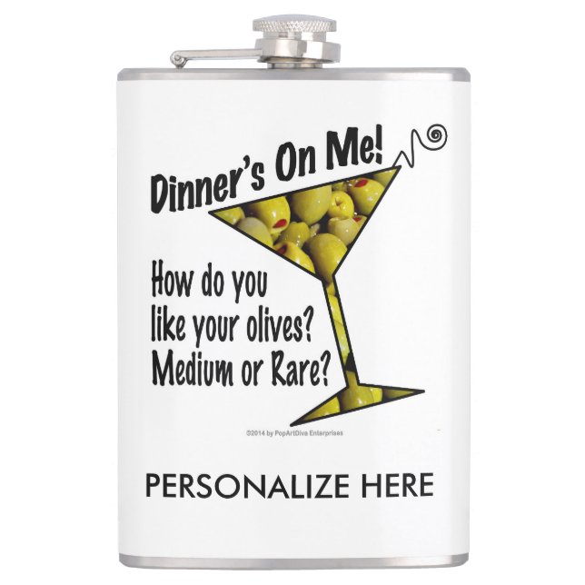 PERSONALIZE COCKTAIL FLASK, DINNER, OLIVE, MARTINI HIP FLASK (Front)