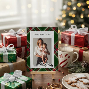 Personalize Colorful Modern Plaid Photo Christmas Invitation