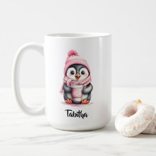 Personalize Cute Pink Penguin Christmas Coffee Mug