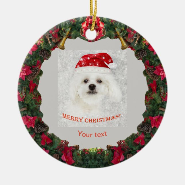 Personalize cute white dog Maltese puppy Ceramic Tree Decoration (Front)