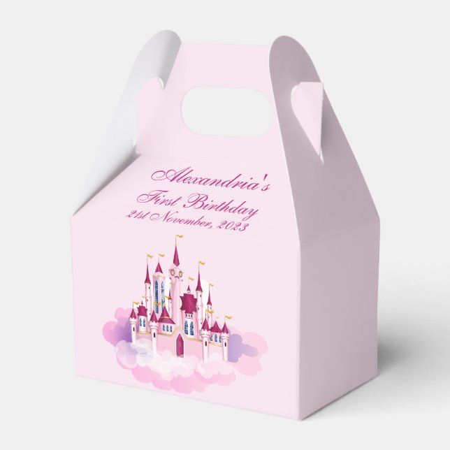 Personalize First Birthday Child Name Pink Castle Favour Box (Front Side)