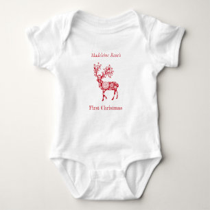 Personalize First Christmas Red Christmas Reindeer Baby Bodysuit