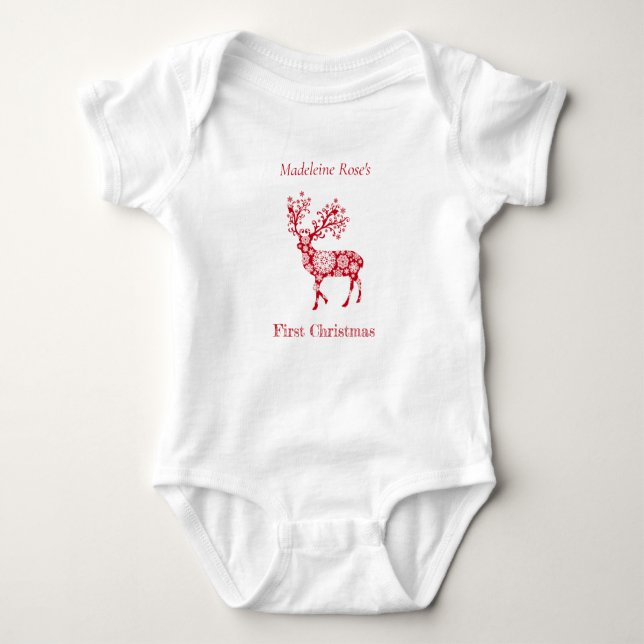 Personalize First Christmas Red Christmas Reindeer Baby Bodysuit (Front)