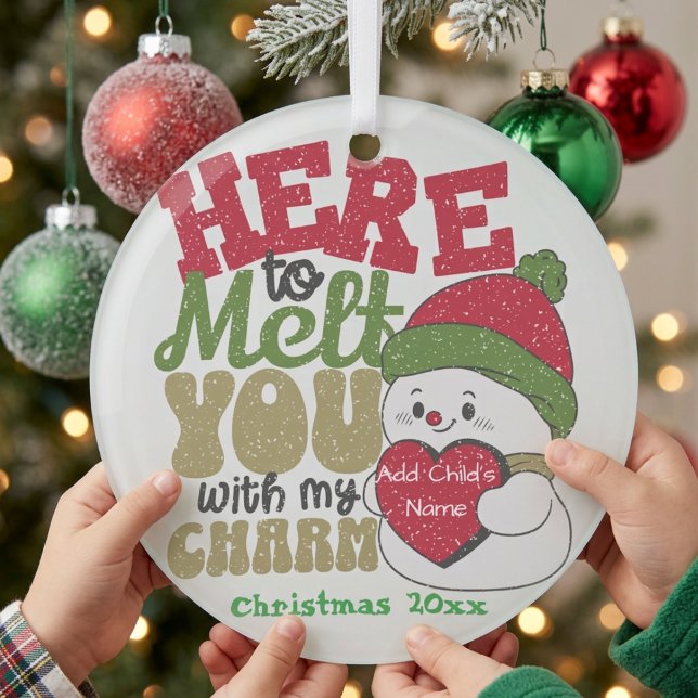 PERSONALIZE  Fun ''Kids Snowman Reds & Greens  Glass Tree Decoration (Creator Uploaded)