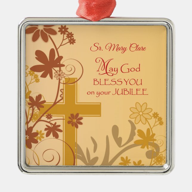 Personalize, Jubilee Anniversary Nun Cross, Swirls Metal Tree Decoration (Front)