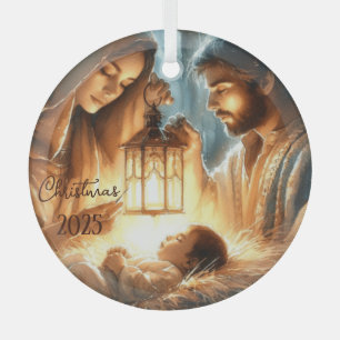 Personalize Mary & Joseph Watching Over Baby Jesus Glass Tree Decoration