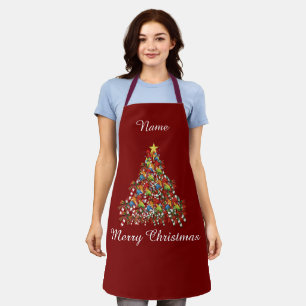 Personalize Merry Christmas Dk Red Holiday  Apron