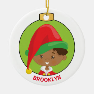 Personalize Multicultural Boy Elf Ceramic Tree Decoration
