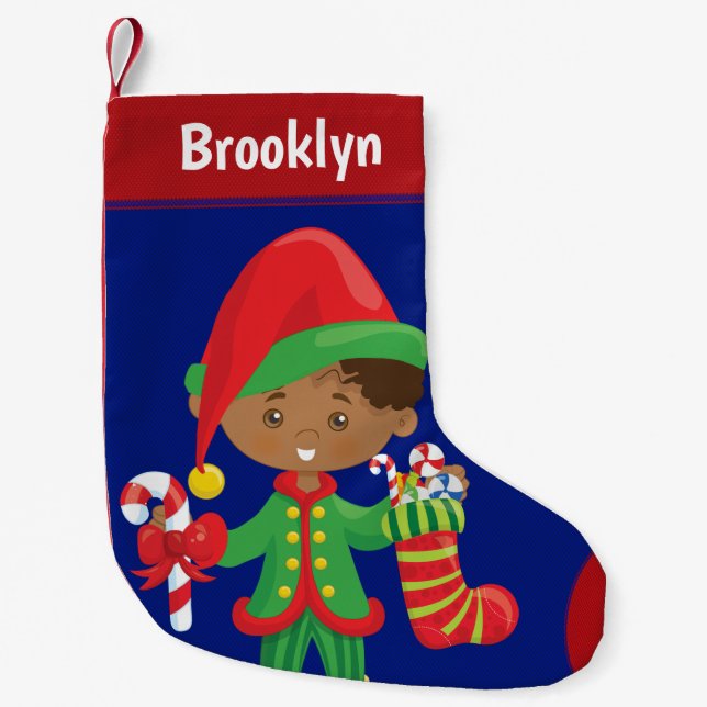 Personalize Multicultural Boy Elf Small Christmas Stocking (Front)