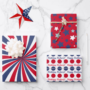Personalize Name 4th of July Red White Blue Stars Wrapping Paper Sheet