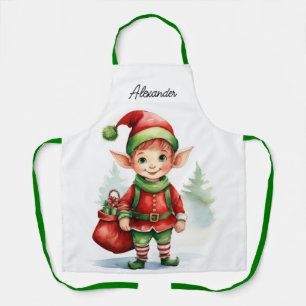 Personalize Name Christmas elf with sack of gifts Apron