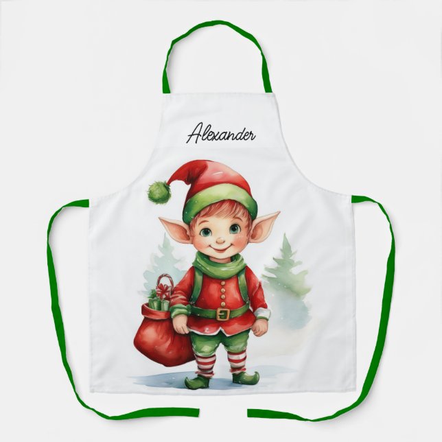 Personalize Name Christmas elf with sack of gifts Apron (Front)