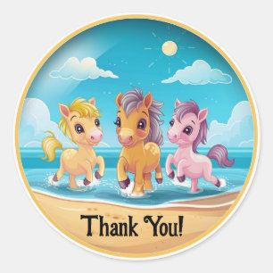 Personalize Name Cute Ponies on Beach Classic Round Sticker